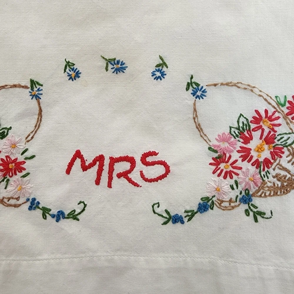 Embroidered Penny's Mrs. Pillowcase with lace edge 20.5 x 30.5 inches